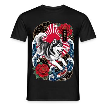 Siberian Husky im japanischen Tattoo Stil - Männer T-Shirt - Schwarz - Vorne - AI Model Male 178 light (178cm)