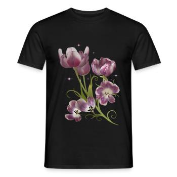 Tulipes et étoiles, Œuvres d’art en techniques mixtes - T-shirt homme - noir - Devant - AI Model Male 178 light (178cm)