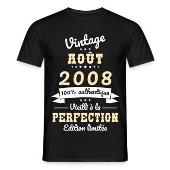 Anniversaire 18 ans - Vintage - Août 2008 - T-shirt homme - noir - Devant - AI Model Male 178 light (178cm)