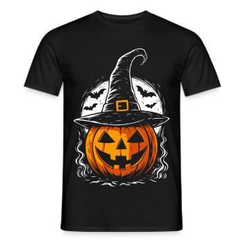 Spooky pumpkin with witch hat & full moon - Men's T-Shirt - black - Front - AI Model Male 178 light (178cm)