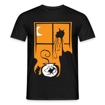 Halloween Cat Mouse Fish Orange Window Moon - Men's T-Shirt - black - Front - AI Model Male 178 light (178cm)
