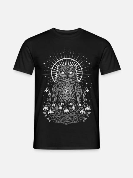Imbolc Owl with Triskele and Snowdrops - Men's T-Shirt - black