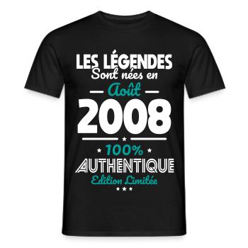 Anniversaire 18 ans - Légendes nées Août 2008 - T-shirt homme - noir - Devant - AI Model Male 178 light (178cm)