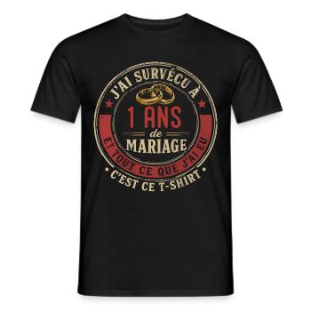Humour Anniversaire : J'ai Survécu à 1 An - T-shirt homme - noir - Devant - AI Model Male 178 light (178cm)
