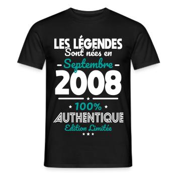 Anniversaire 18 ans - Légendes nées Septembre 2008 - T-shirt homme - noir - Devant - AI Model Male 178 light (178cm)