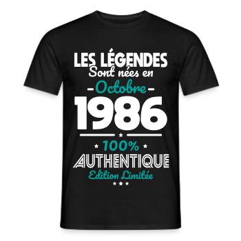 Anniversaire 40 ans - Légendes nées Octobre 1986 - T-shirt homme - noir - Devant - AI Model Male 178 light (178cm)