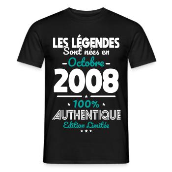 Anniversaire 18 ans - Légendes nées Octobre 2008 - T-shirt homme - noir - Devant - AI Model Male 178 light (178cm)