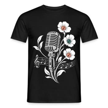 Vintage Microphone – Music and Flowers Motif - Men's T-Shirt - black - Front - AI Model Male 178 light (178cm)