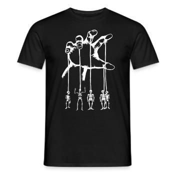Skeleton marionettes on a hand pulling string over white - Men's T-Shirt - black - Front - AI Model Male 178 light (178cm)