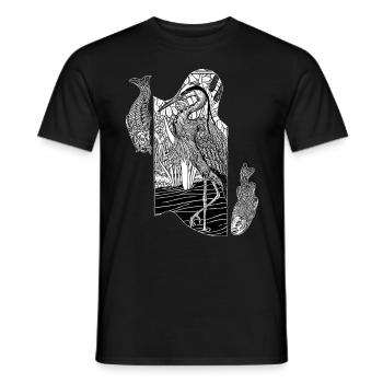 Pêche sur le lac, hérons dans les roseaux avec poissons - T-shirt homme - noir - Devant - AI Model Male 178 light (178cm)