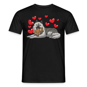 Wolfsspitz Dog With Plush Toy And Many Hearts - Men's T-Shirt - black - Front - AI Model Male 178 light (178cm)