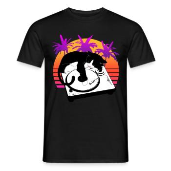 Cat plays music on a vinyl record - Men's T-Shirt - black - Front - AI Model Male 178 light (178cm)
