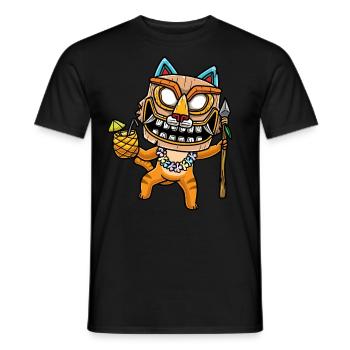Cat with Tiki Mask Hawaii - Men's T-Shirt - black - Front - AI Model Male 178 light (178cm)