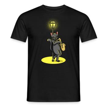 Cat Plays Saxophone Saxophonist Jazz - Men's T-Shirt - black - Front - AI Model Male 178 light (178cm)