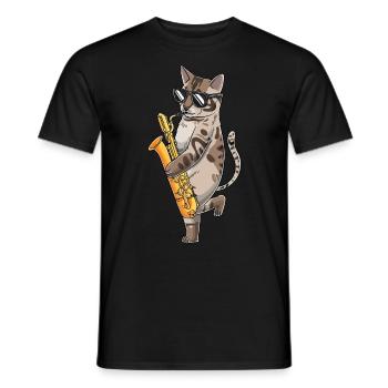 Cat Plays Saxophone Saxophonist Jazz - Men's T-Shirt - black - Front - AI Model Male 178 light (178cm)