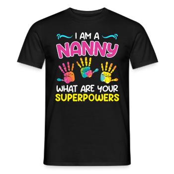 Quels sont vos superpouvoirs ? Je suis assistante maternelle - T-shirt homme - noir - Devant - AI Model Male 178 light (178cm)