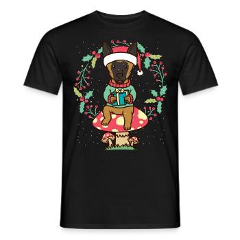Malinois dog Mechelaar on mushroom Christmas wreath - Men's T-Shirt - black - Front - AI Model Male 178 light (178cm)