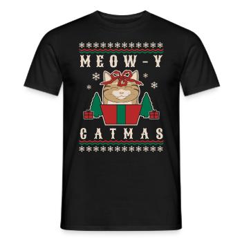 Meow-Y Catmas - Pull de Noël avec chat - T-shirt homme - noir - Devant - AI Model Male 178 light (178cm)
