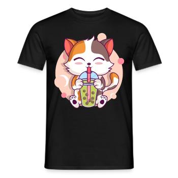 Anime Kawaii Cat Drinks Boba Tea bubble Tea - Men's T-Shirt - black - Front - AI Model Male 178 light (178cm)