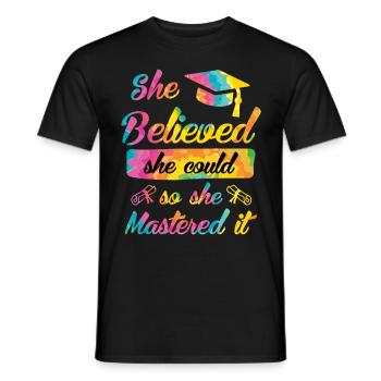 She has mastered Master's degree - Men's T-Shirt - black - Front - AI Model Male 178 light (178cm)