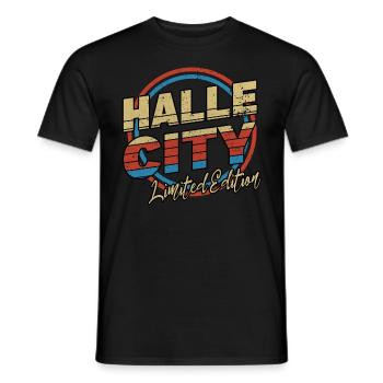 Halle Saale Germany City Font 80s Style - Men's T-Shirt - black - Front - AI Model Male 178 light (178cm)