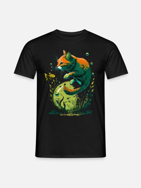 Fantasy Katze spielt mit Goldfischen - Männer T-Shirt - Schwarz