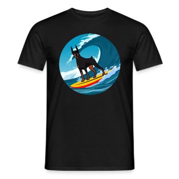Dobermann Owner Dog Surfing Sea Waves - Men's T-Shirt - black - Front - AI Model Male 178 light (178cm)