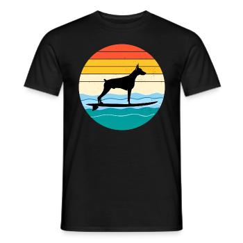 Dobermann Owner Dog Surfing Sea Waves - Men's T-Shirt - black - Front - AI Model Male 178 light (178cm)