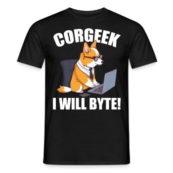 Corgi with glasses I Will Byte computer geek Corgeek - Men's T-Shirt - black - Front - AI Model Male 178 light (178cm)