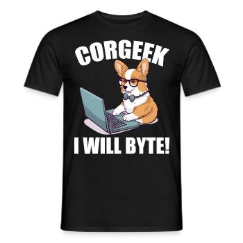 Corgi with glasses I Will Byte computer geek Corgeek - Men's T-Shirt - black - Front - AI Model Male 178 light (178cm)