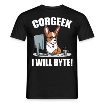 Corgi with glasses I Will Byte computer geek Corgeek - Men's T-Shirt - black - Front - AI Model Male 178 light (178cm)