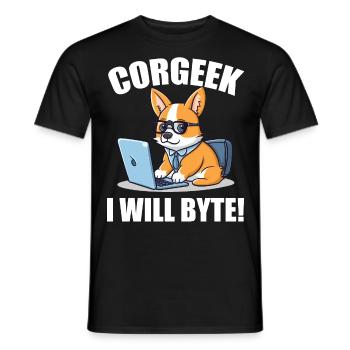 Corgi with glasses I Will Byte computer geek Corgeek - Men's T-Shirt - black - Front - AI Model Male 178 light (178cm)