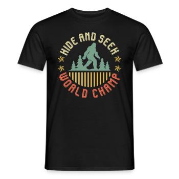 Hide and Seek World Champ Mountain Fan Funny Hiker - Men's T-Shirt - black - Front - AI Model Male 178 light (178cm)