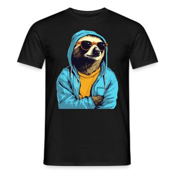 Cool sloth with sunglasses, yellow t-shirt - Men's T-Shirt - black - Front - AI Model Male 178 light (178cm)