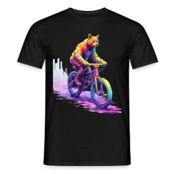 Katze auf Fahrrad, Pixel Art, by NeonCat - Männer T-Shirt - Schwarz - Vorne - AI Model Male 178 light (178cm)