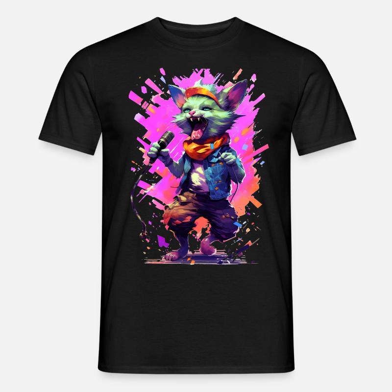 Singende Katze mit Mikrofon - Männer T-Shirt - Schwarz