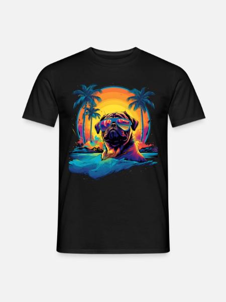 Swimming Dog Palm Trees Mountains Sea - Men's T-Shirt - black