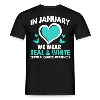En janvier, nous portons Teal & White - T-shirt homme - noir - Devant - AI Model Male 178 light (178cm)
