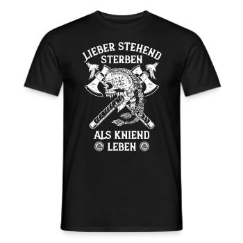 Wikinger Spruch Stehend sterben als kniend leben - Männer T-Shirt - Schwarz - Vorne - AI Model Male 178 light (178cm)