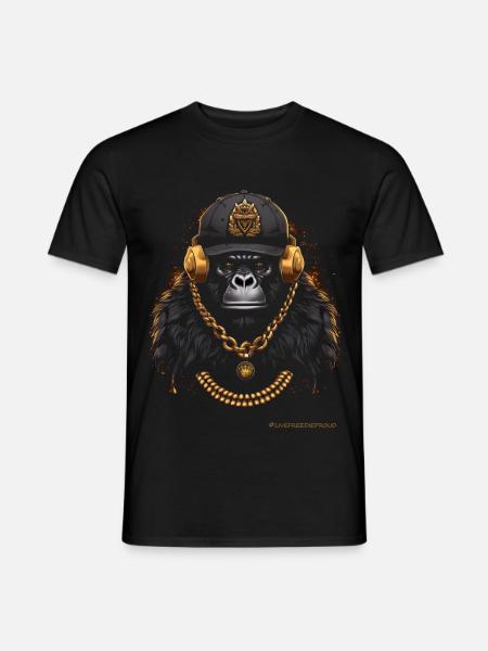 DJ MONKEY MONKEY AVEC ÉCOUTEURS ET CHAÎNE EN OR - T-shirt homme - noir
