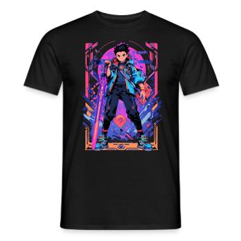 Shibuya: Cool Anime Boy avec épée japonaise - T-shirt homme - noir - Devant - AI Model Male 178 light (178cm)