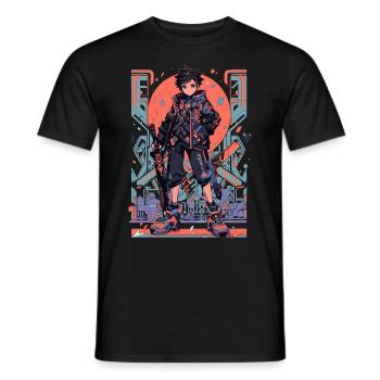 Shibuya: Cool Anime Boy with Sword Japanese - Men's T-Shirt - black - Front - AI Model Male 178 light (178cm)