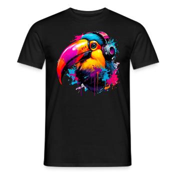 Toucan coloré avec écouteurs - T-shirt homme - noir - Devant - AI Model Male 178 light (178cm)