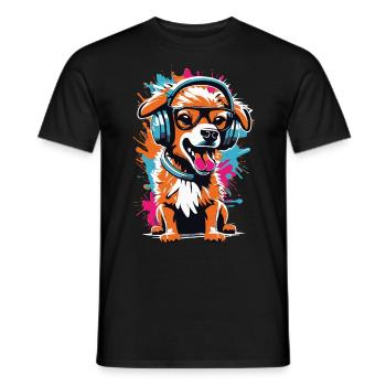 Cute dog with headphones and glasses - Men's T-Shirt - black - Front - AI Model Male 178 light (178cm)