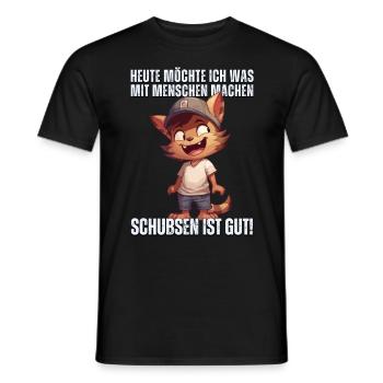 "Heute Menschen schubsen" - Sarkastische Katze - Männer T-Shirt - Schwarz - Vorne - AI Model Male 178 light (178cm)
