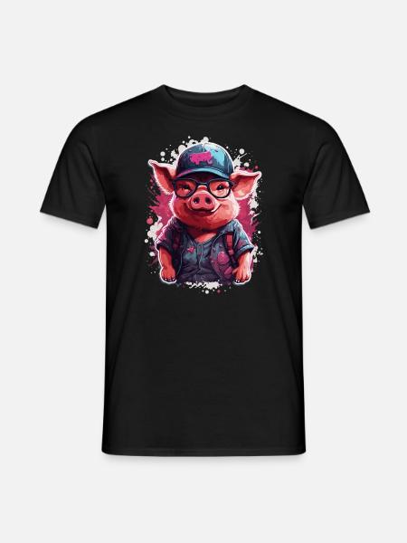 Pig Culting Cute in Baseball Cap and Sunglasses - Men's T-Shirt - black