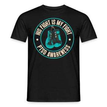 His fight is Pstd-consciousness in blue-green - Men's T-Shirt - black - Front - AI Model Male 178 light (178cm)