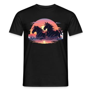 Horses, Sunset, Horse, Stallion, Riding - Men's T-Shirt - black - Front - AI Model Male 178 light (178cm)