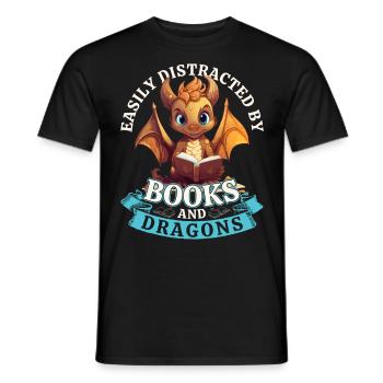 Easily Distracted By Books And Dragons: Drachen - Männer T-Shirt - Schwarz - Vorne - AI Model Male 178 light (178cm)