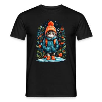 Kurzhaarkatze Mit Wintermütze Glückliche - Männer T-Shirt - Schwarz - Vorne - AI Model Male 178 light (178cm)